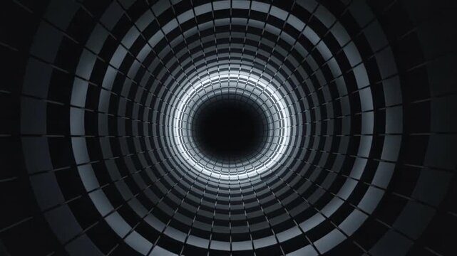 Pulling back camera showing ringed metal tunnel, radial lights and tiled core receding to dark void