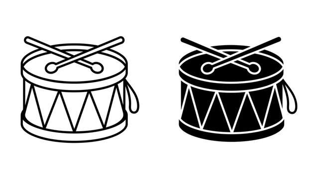 Drum with Drumsticks: Two simple line art illustrations of a drum and drumsticks, one in black and white outline and the other as a black silhouette.