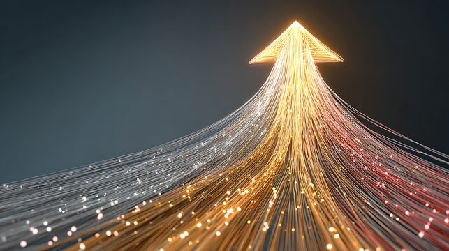 Glowing fiber optic cables forming upward arrow shape representing digital growth and data transmission speed in modern network infrastructure for corporate technology
