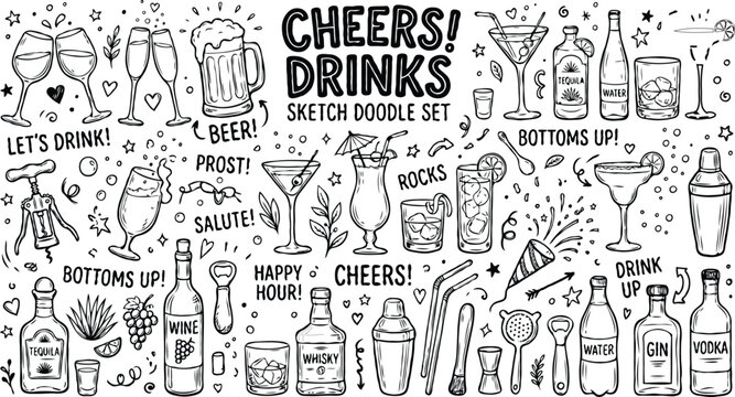 Hand drawn line art cheers drinks sketch doodle set, black and white alcohol beverage icons, cocktail and wine bottle illustrations for bar menus, eps vector.eps