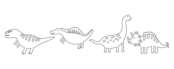 Black and White Outline Cute Dinosaur Set Clipart. Line Dino Animal Kit. Doodle Dinosaur Collection for Color Page Book. Vector Handdrawn Illustration © Anna Drozdova