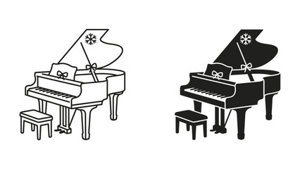 Piano Duet: A classic grand piano and stool presented in both a clean line art illustration and a bold silhouette, perfect for music lovers and artistic endeavors. © muntahna