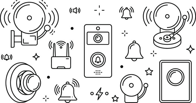 Doorbell and alarm vector line art icon set featuring smart video intercom ringing school bells and push buttons