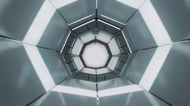 Starting camera moving forward through hex metal tunnel, aiming to reveal LED strips, joints, core