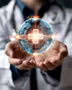 Doctor holding a glowing global health network icon