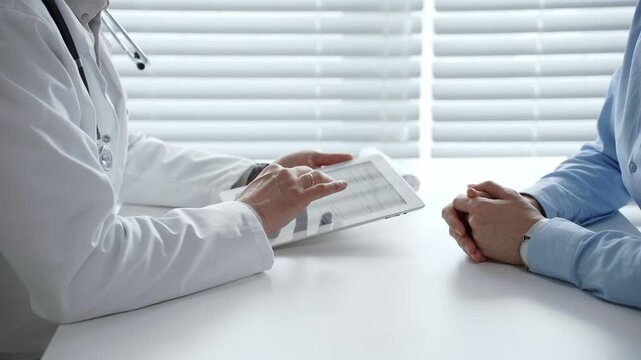 Doctor reviews digital health records with patient on tablet, explaining diagnosis and treatment options to support informed decisions and clear communication in a modern clinic setting