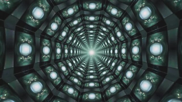 Pulsing luminous core initiating mandala morphing petals to lattice in mirror lab converging inward
