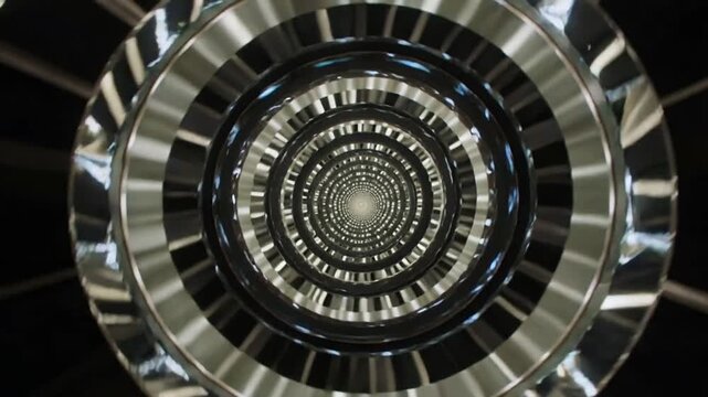 Rotating concentric rings shifting color after lighting change in tunnel, suggesting forward motion