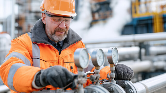 Industrial technician inspecting pressure gauges on pipeline system during maintenance at modern processing facility
