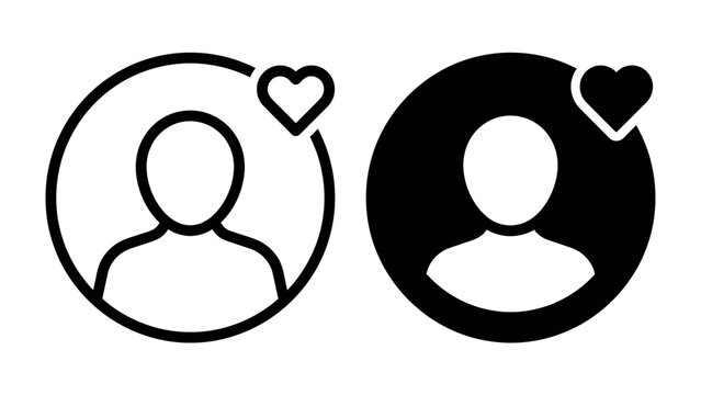 User Profile Icons with Heart: Two stylized user profile icons, one outlined and one filled, each featuring a subtle heart symbol, representing connection and affinity.
