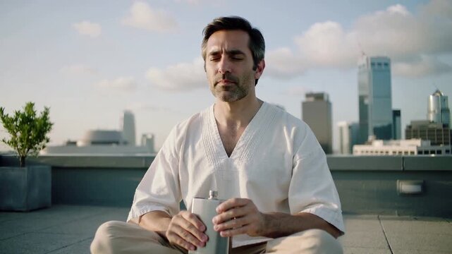 Raising hip flask, middle-aged man in white tunic drinking then meditating on rooftop, seeking calm