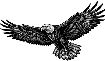 Fototapeta premium Flying Eagle Linocut Woodcut Style Black Vector Artwork