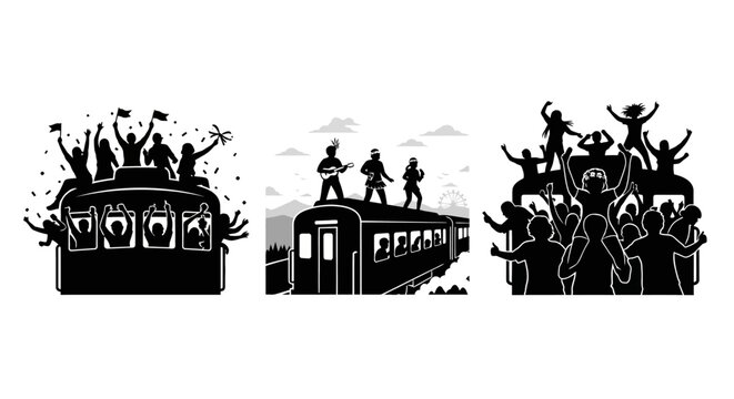 Silhouette of crowded train with people on top.