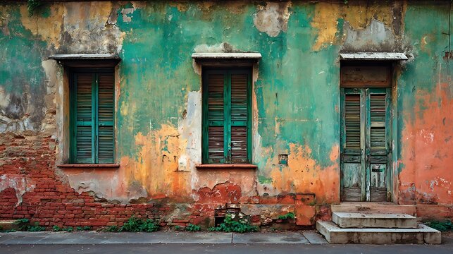 Weathered colonial building facade featuring peeling green paint on rustic brick walls with vintage wooden shutters and a classic entrance door in a historic town setting