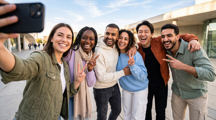 Obraz premium Happy young friends taking a smartphone selfie together during Friendship Day celebration in the city, celebrating friendship, happiness, togetherness, unity, laughter and unforgettable memories