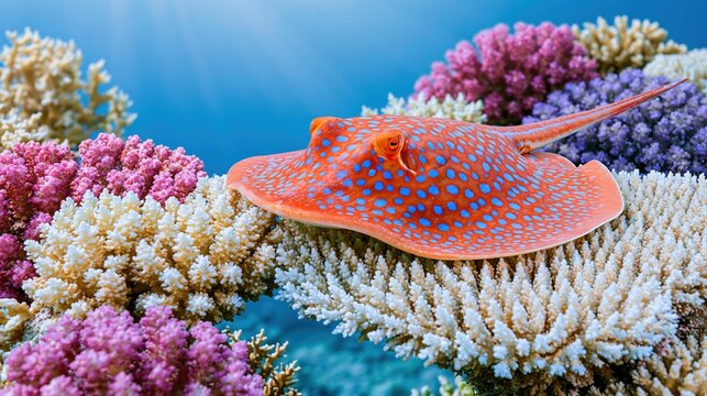 Colorful stingray on coral reef underwater