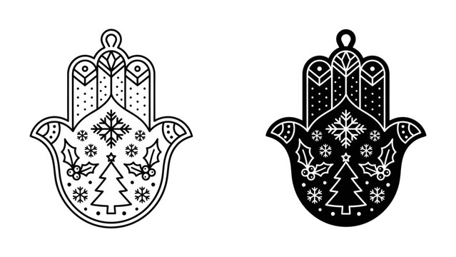 Festive Hamsa Ornament: A pair of decorative hamsa hand ornaments, one outlined in black and white, the other a stark black silhouette, adorned with traditional Christmas motifs like snowflakes.