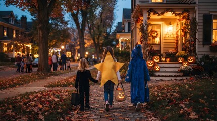 Naklejka premium Young children in costumes holding hands and walking down a leaf covered path towards a house decorated with pumpkins at dusk for halloween with residential sidewalk scattered