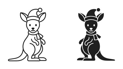 Christmas Kangaroo Illustration: A cute kangaroo, dressed in a Santa hat and scarf, stands ready for festive celebrations, depicted in both outline and silhouette styles. © muntahna