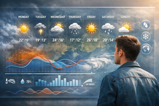 Weather forecast dashboard with climate data analysis and meteorology monitoring technology system interface