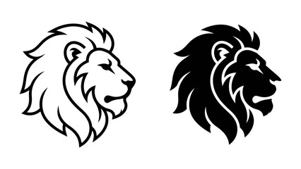 Lion Head Icon: A stylized black and white illustration of a lion's head, showcasing its majestic mane and powerful profile, presented as a graphic symbol. © akash
