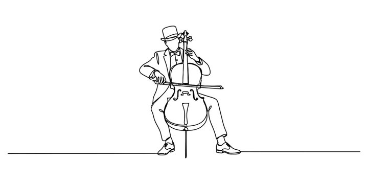 Continuous single line drawing of a man in a top hat playing the cello