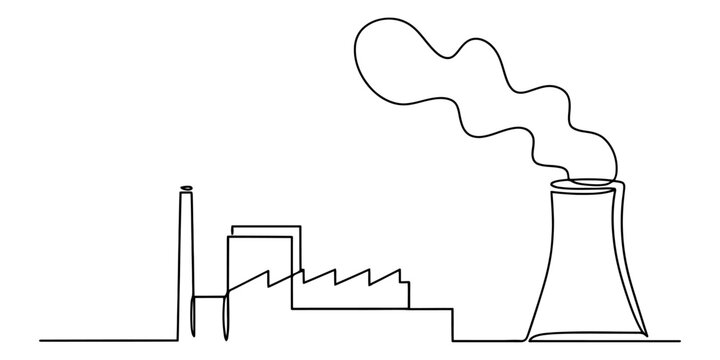 Continuous single line drawing of an industrial factory plant with smoke coming out of a cooling tower chimney representing air pollution and energy production