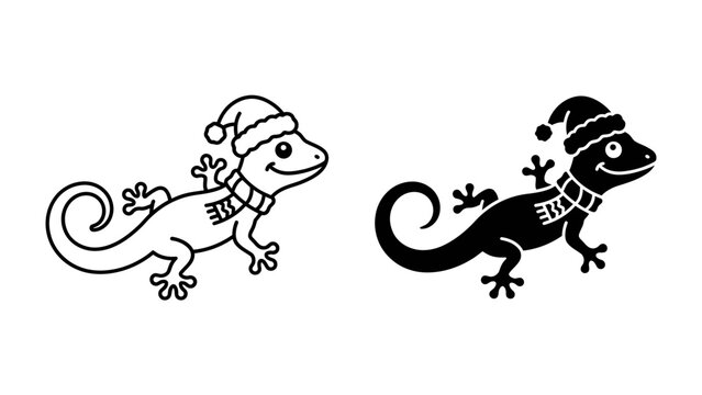 Festive Lizard Duo: Two charming lizards, one in outline and one in silhouette, adorned with Santa hats and scarves, embodying holiday cheer and seasonal greetings.