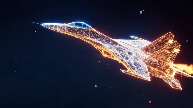 A futuristic fighter jet rendered in a dynamic digital wireframe, with glowing orange accents and trails of fire. ..Created with Generative AI, not depicting real subjects.