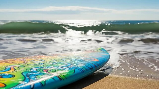 A colorful surfboard rests on the sandy shore by the ocean waves