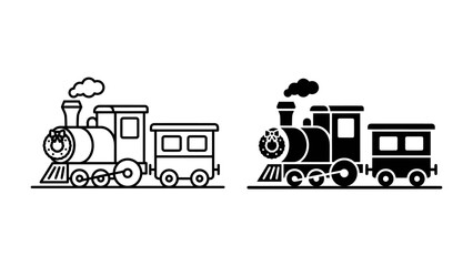 Steam Locomotive Icon: A classic steam locomotive, depicted in both outline and silhouette, ready to embark on a journey. This versatile graphic represents travel and industry. © muntahna