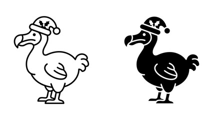 Christmas Dodo Illustration: A whimsical illustration depicts two dodos wearing Santa hats, one in outline and the other as a solid silhouette, ready to spread holiday cheer. © sifat