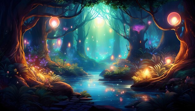 A Magical Forest Scene Glows With An Ethereal Light