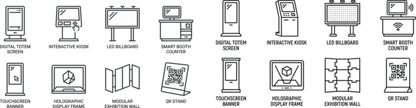 Set of digital signage and interactive advertising kiosk icons for marketing and exhibitions