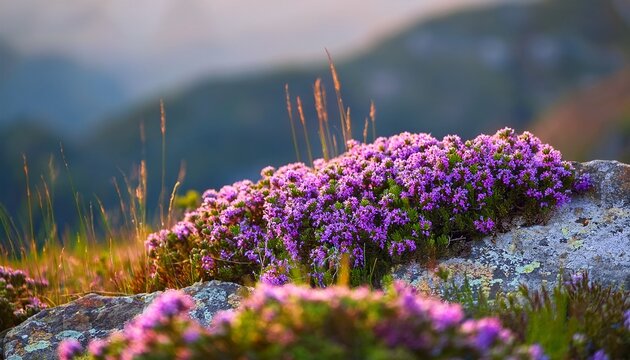 Closeup Picture Of Purple Creeping Thyme Plant In Summer Wild Thymus Serpyllum Spices Blooms On A Rock Background Fresh Flowering Nature Wallpaper Of Herbal Varieties In Carpathian Alps Of Ukraine