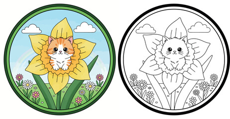 Fototapeta premium Adorable Kitten in a Daffodil Field - Cute Cartoon Spring Illustration
