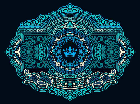 Ornate Vintage Blue Frame with Crown and Ribbon. Heraldic Filigree Border for Luxury Brand Label and Elegant Certificate Design.