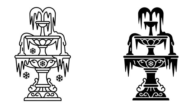 Frozen Fountain Icon: Two stylized depictions of a multi-tiered fountain, encrusted with ice and surrounded by snowflakes, represent a chilly winter scene.