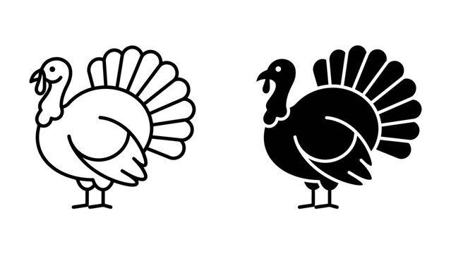 Two Turkey Icons: A pair of stylized turkey icons, one outlined in black and white and the other a solid black silhouette, are presented side-by-side, showcasing the festive bird in a simplified.
