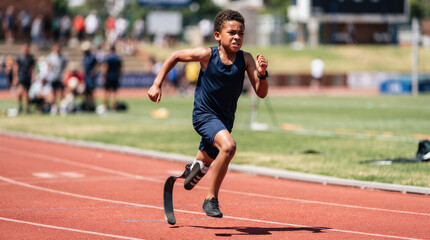 Obraz premium Young boy running on track with a prosthetic leg in sports event 