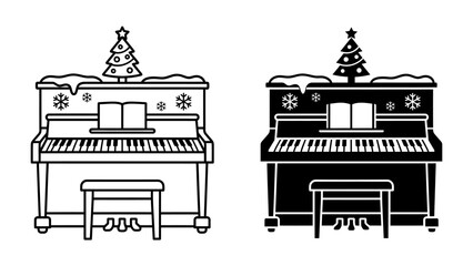 Festive Piano Duo: A delightful illustration showcasing a vintage upright piano adorned with festive Christmas decorations, including a miniature tree, snowflakes, and snow-capped details. © Ajm