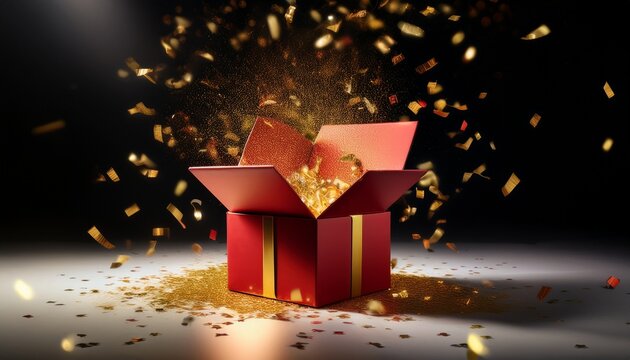 A Vibrant Red Gift Box Bursts Open With A Dazzling Cascade Of Gold Confetti Symbolizing Celebration And Surprise
