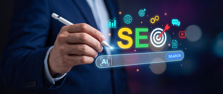 Businessman holding stylus interacting with virtual holographic seo interface with floating search optimization