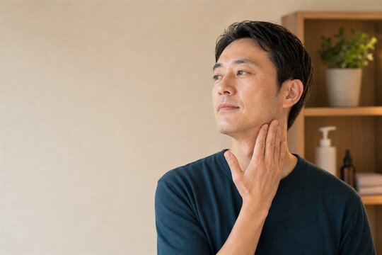 暖色の室内で首元に美容液をなじませる男性