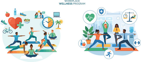 Naklejka premium Group of office workers doing yoga and fitness exercises for a workplace wellness program