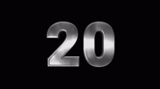 Glossy silver number 20 animation with alpha channel for corporate videos, presentations, branding, and visual designs.