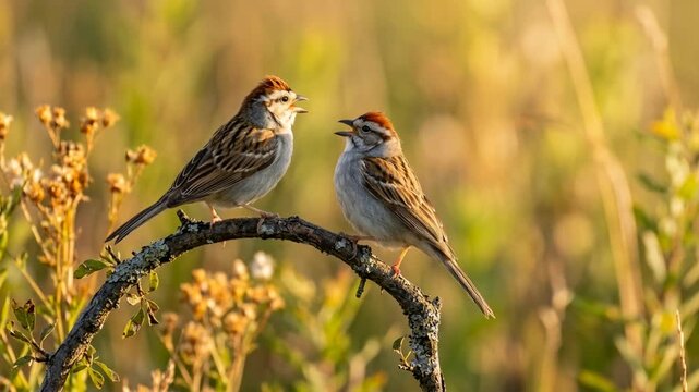 two chipping sparrow singing in central park new york golden light close up video