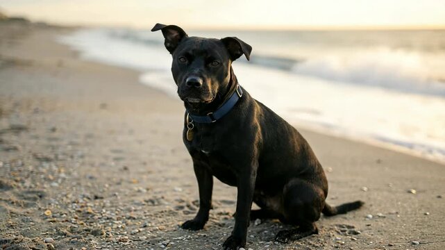 black chipit dog walking on santa monica beach california morning light video
