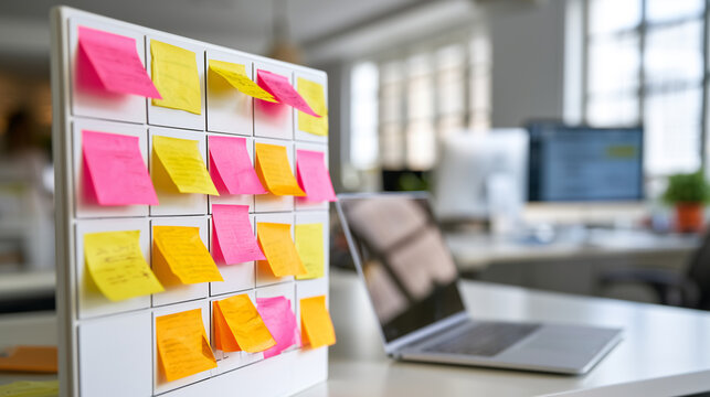 Colorful sticky notes organized on office planning board with laptop workspace for project management and productivity