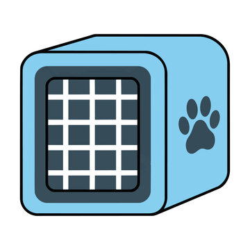 Dog travel crate icon with a front gate and paw print symbol isolated on white background, pet transport concept